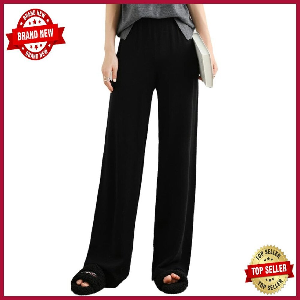 Merino Wool Wide Leg Pants Elastic High Waist Knit Lounge Trousers